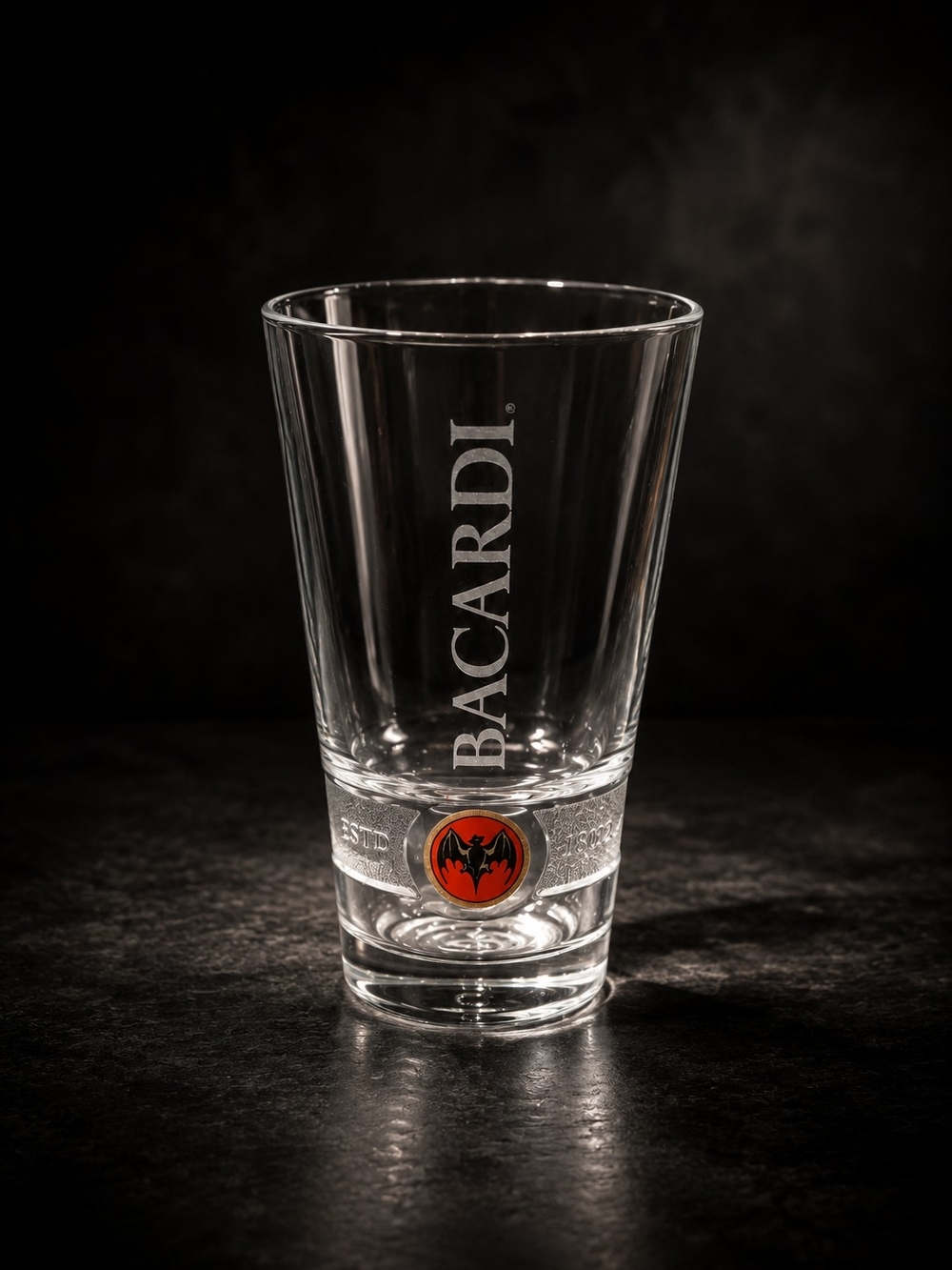 Bacardi Etched High Ball Glass with Red Bat Emblem